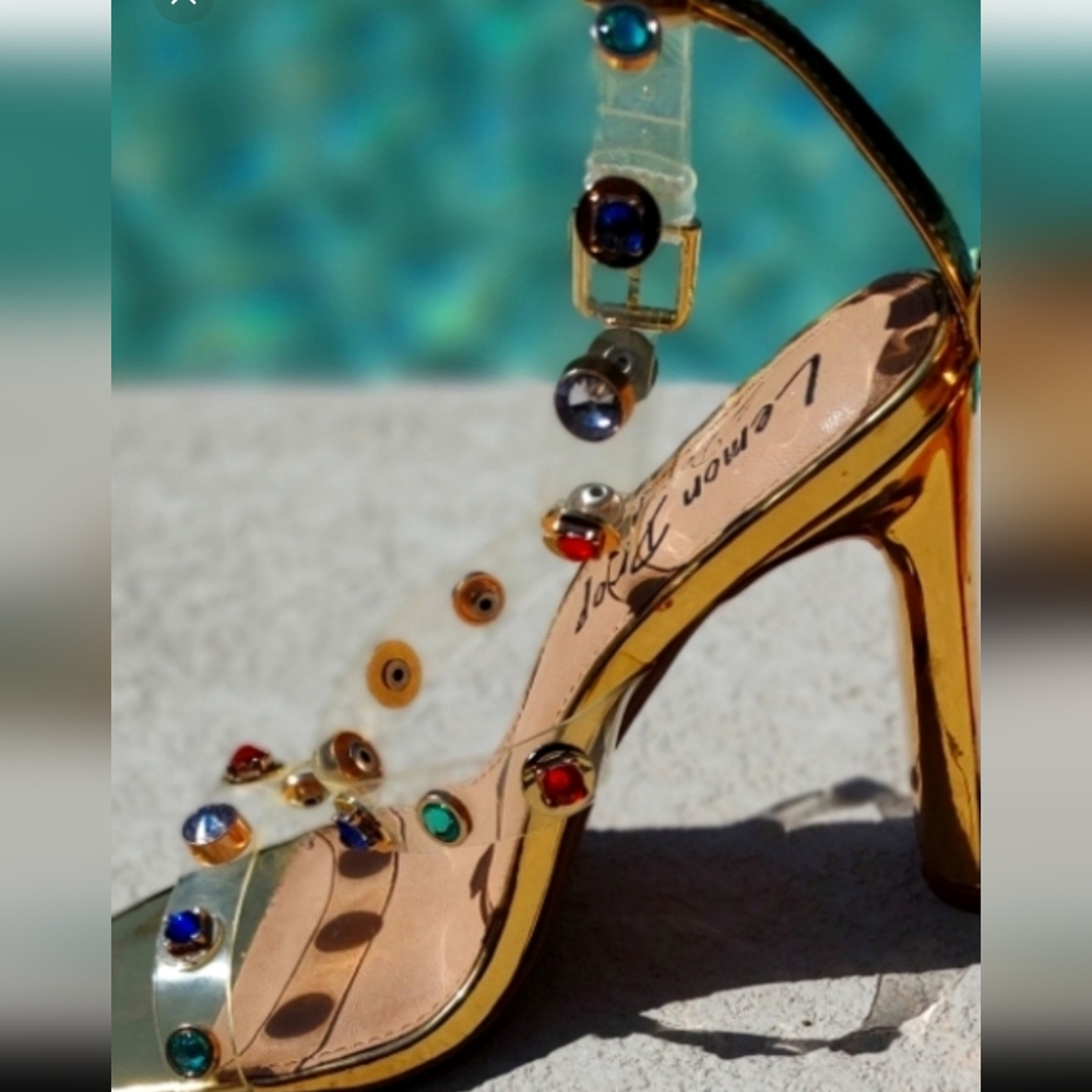 Dainty Minimal Gold Heels With Colorful Stones On Straps - Picture 2 of 14